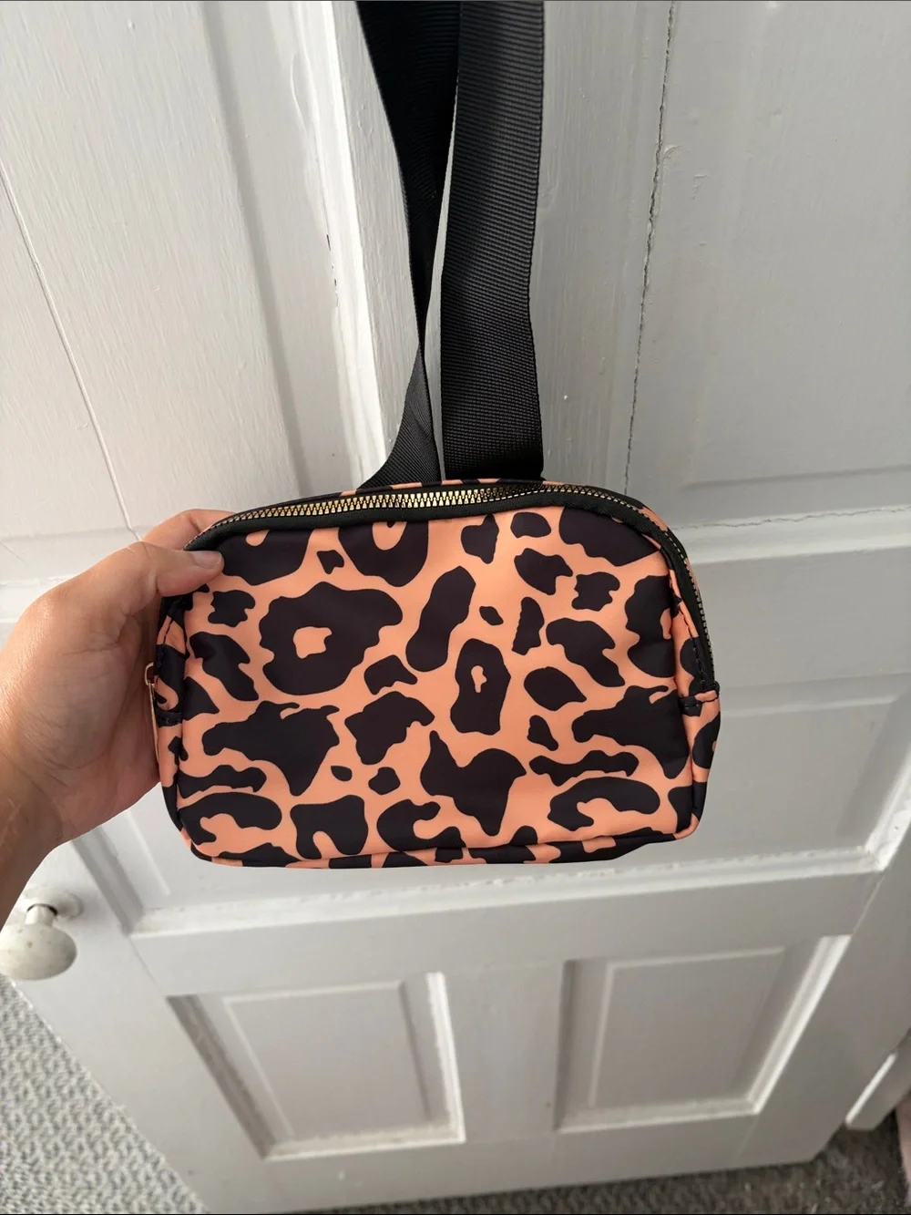 Peach Leopard Print Crossbody Bag - Black Accent
